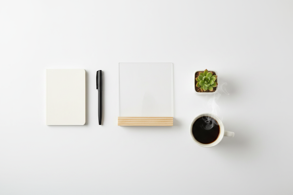 Full desk setup overhead with calendar