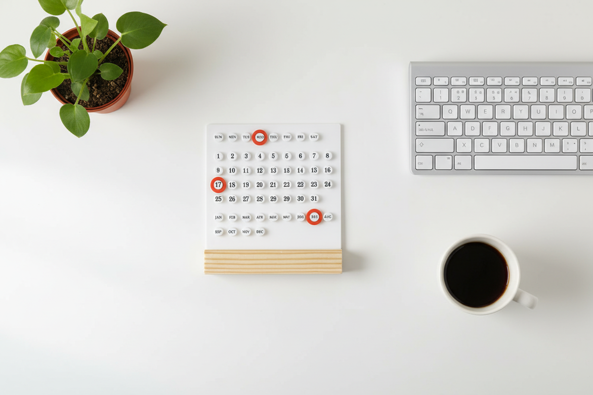 Desk calendar flat lay top view